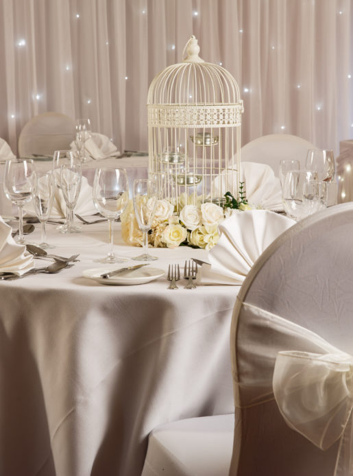 Wide shot of white bird cage with white flowers as table decoration