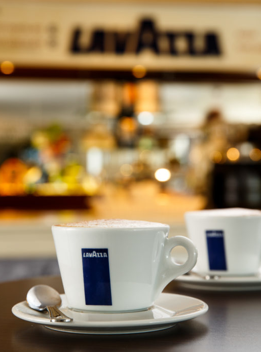 Two cups of coffee on table in Lavazza coffee shop cafe at Mercure Wetherby Hotel